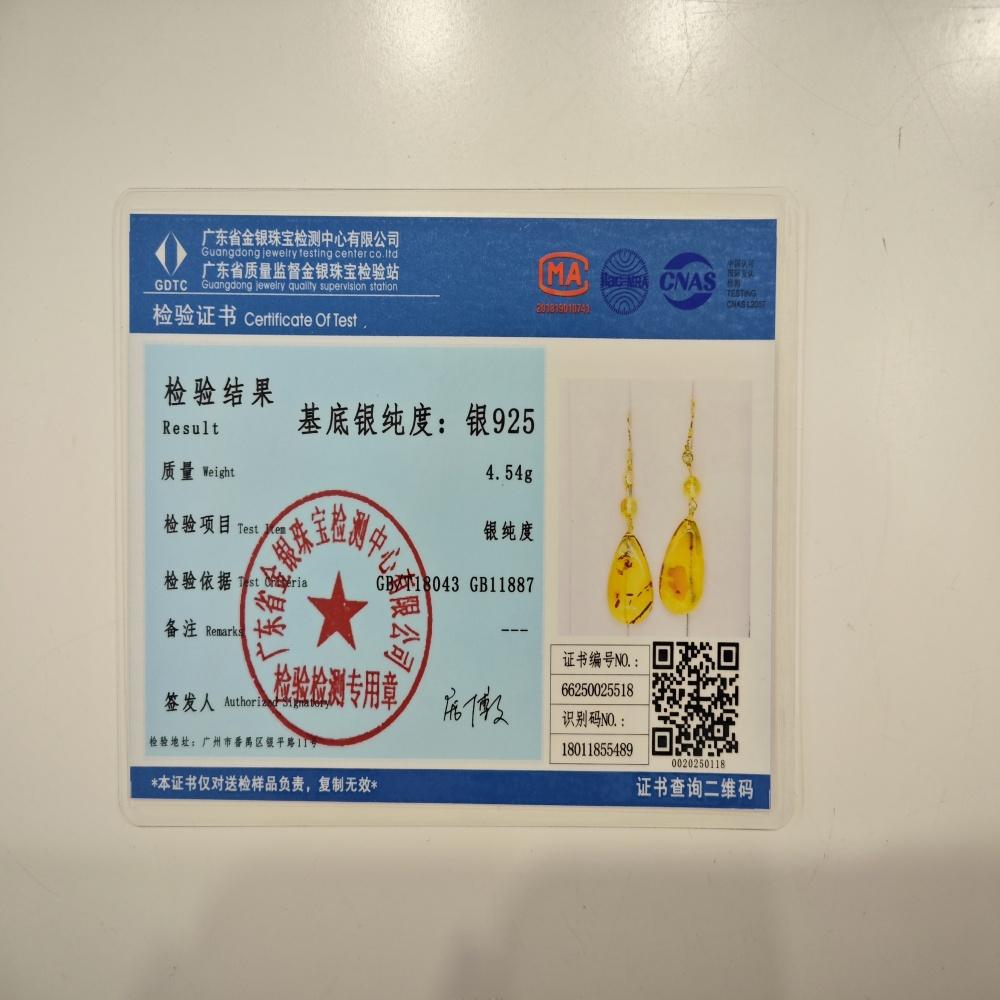 Amber Drop Earring 925 Sterling Silver Gold Plated Custom Fashion Jewelry Women Earrings