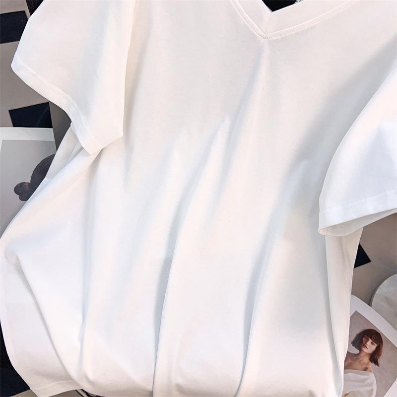 Plus Size Loose Mid-Length V-Neck Short-Sleeve T-Shirt for Women (Sizes 200/300/350 Jin) - Style 7103