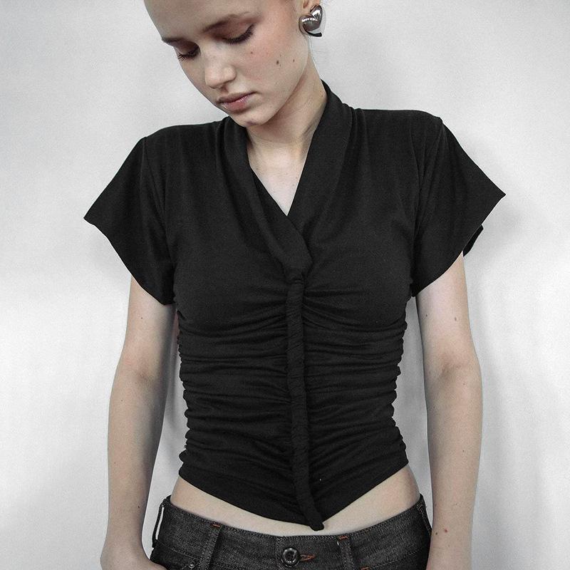 

Q25TP186 Women s V-Neck Symmetrical Ruched Short Sleeve T-Shirt - Solid Color, Summer Style L