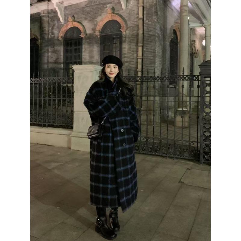 Elegantní dlouhý kostkovaný vlněný kabát dámský zimní tlustý teplý ke kolenům kabát módní vysoce kvalitní tvídová bunda
