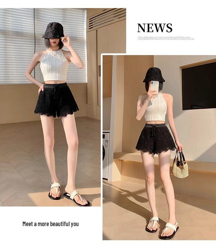 Women's Summer High-Waist Lace Sports Shorts - Casual, Loose, A-line, Wide-Leg, Three-Quarter Pants