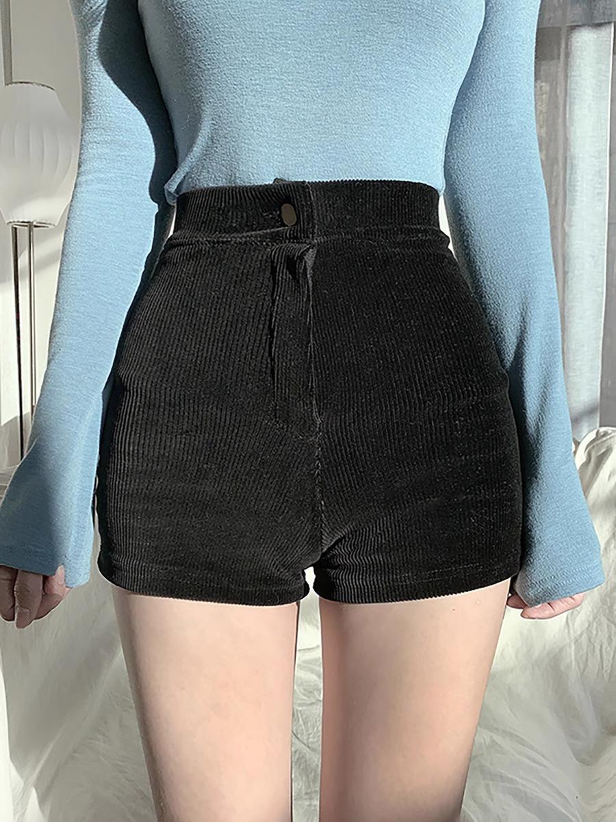 

Женские черные вельветовые шорты А-силуэта с высокой талией - Приталенные, с широкими штанинами, в корейском стиле для осени и зимы XS чёрный