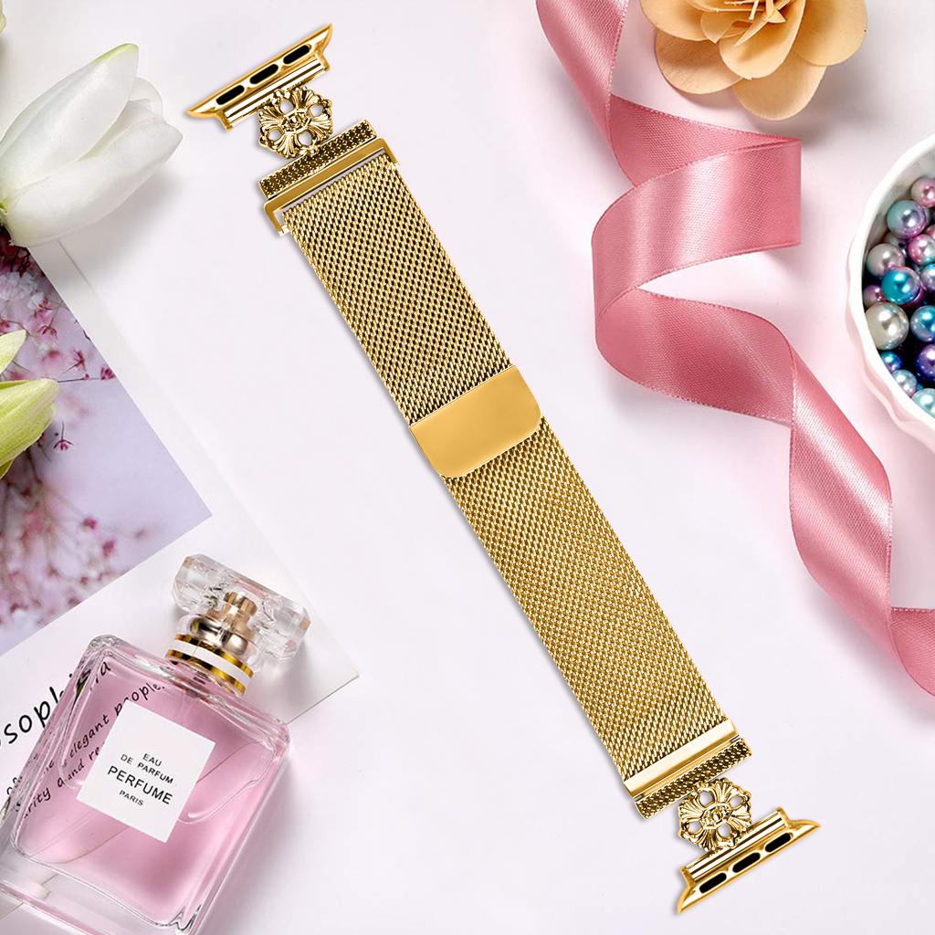 For Apple Watch 10 46mm/Ultra 2/Ultra 49mm/9 8 7 45mm/SE (2023) SE (2022) SE 6 5 4 44mm/3 2 1 42mm Band Flower Magnetic Mesh Watch Strap