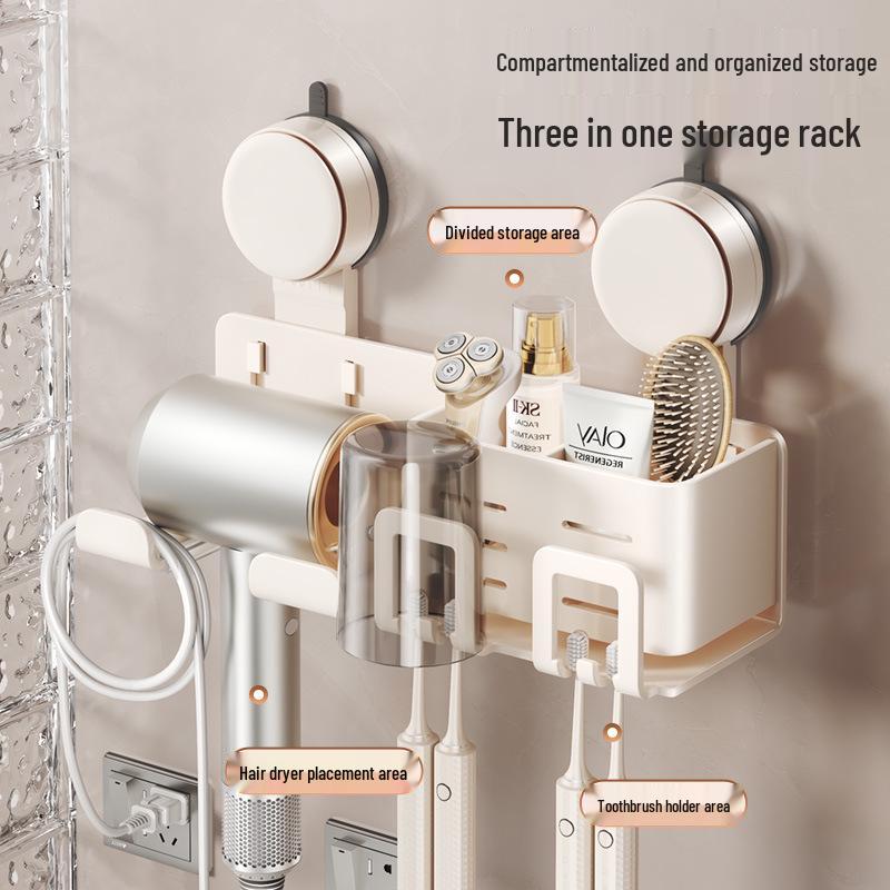 Wall-Mounted No-Drill Bathroom Stand: Electric Toothbrush & Hair Dryer Holder with Mouthwash Cup