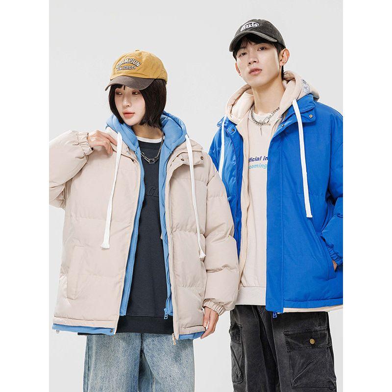 Stock Fake Two-Piece Hooded Cotton Jacket for Men and Women, Couple Style, Faux Hooded Down Jacket, Trendy Brand, Student Thickened Casual Cotton Coat