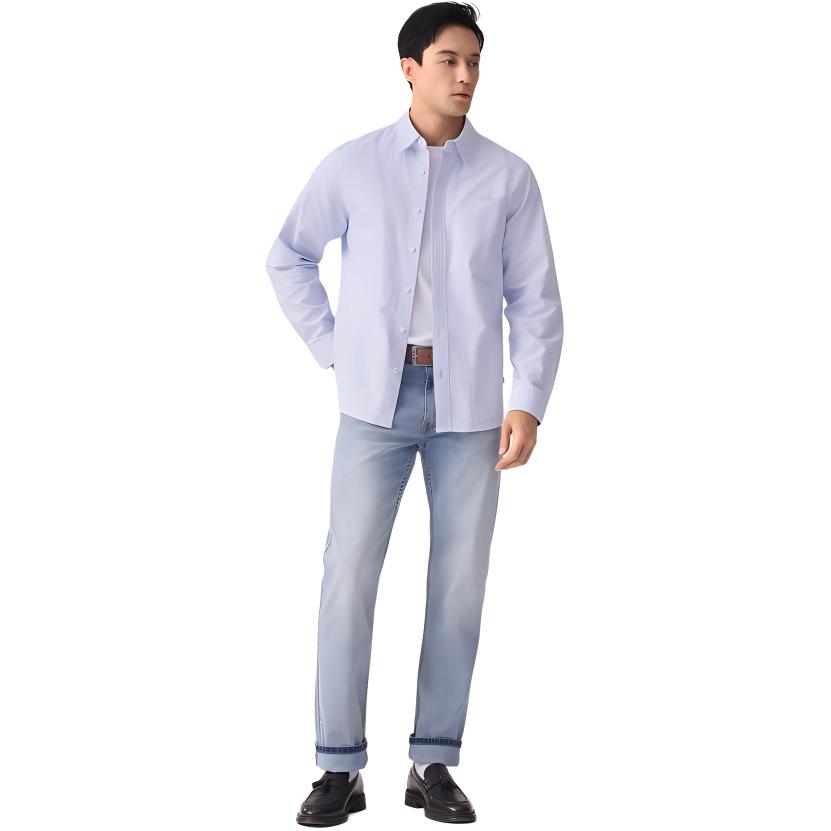 Levis Loose Casual Striped Soft Comfortable Polo Long Sleeve Shirt Men shirts Blue 0017V-0007