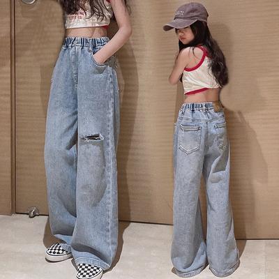 Teenage Girls' Jeans Spring Fall Casual Wide Leg Pants Loose Ripped Hole Kids Retro Pants School Children Trousers
