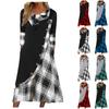 Moda feminina xadrez costura botão bolsos pilha pescoço vestido de manga comprida
