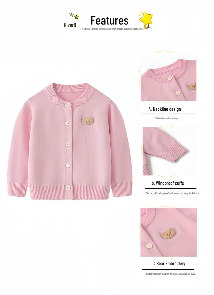 Korean Style Girls' Bear Embroidered Cotton Sweater Cardigan for Spring & Autumn