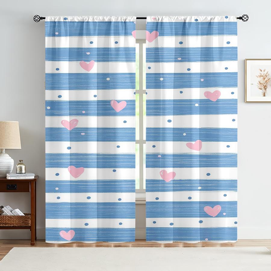 2 st Blå- och vitrandiga rosa hjärtgardiner, Söt vind, Vardagsrum och sovrum, Dekoration med dragsko-ficka