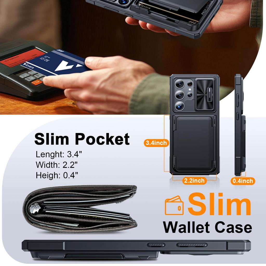 RFID Blocking Wallet Phone Case Slide Camera Cover Military Shockproof PC TPU Protective Cover for Samsung Galaxy S25 Ultra-Black