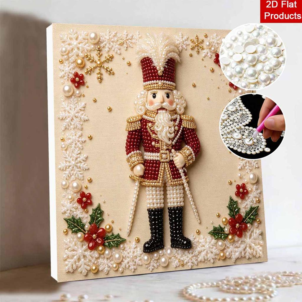 Handmade Framed Pearl Painting Set with Festive Nutcracker Design 5D Shiny Bead Art Canvas Creative Craft for Christmas Home Room Decor