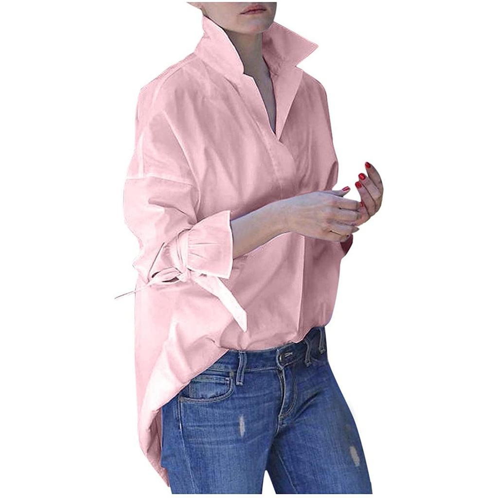 Fashion Womens Solid Color V-Neck Shirts Casual Flared Sleeve Long Sleeved  Top