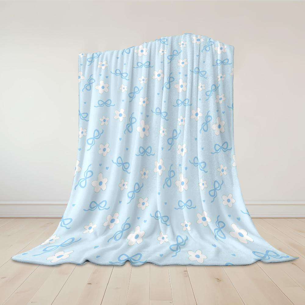 Baby Blue Bow Bloom Flannel Blanket Warm Soft Halloween Christmas Couch Warm Cozy Decorative Decor Gift for All Season