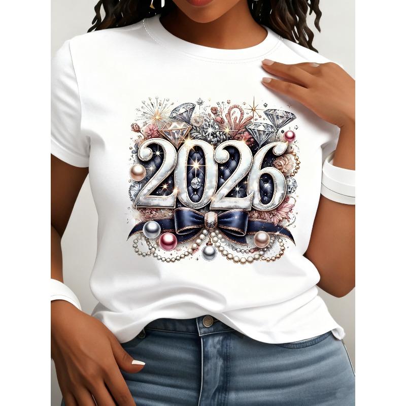 European Size Womens Happy New Year Tee Fashionable Glamorous Letter Graphic Print T Shirt Slogan Design Loose Casual Round Neck Short Sleeve