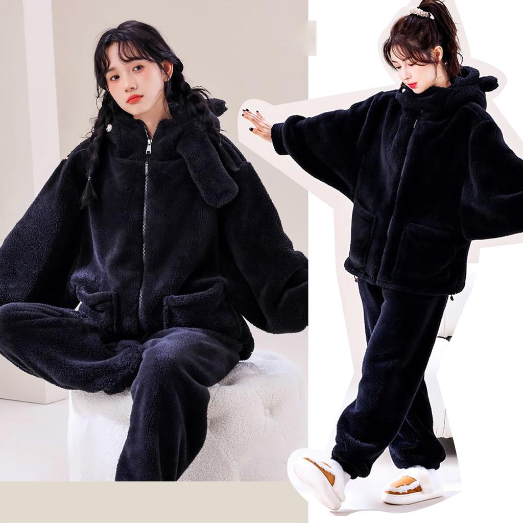 LAVASEON Winter Pajama Cute Animal Print with Bear Warm and Fun Open Thick Fleece Warm and Comfortable Loungewear for Fall and Winter Women's Set,