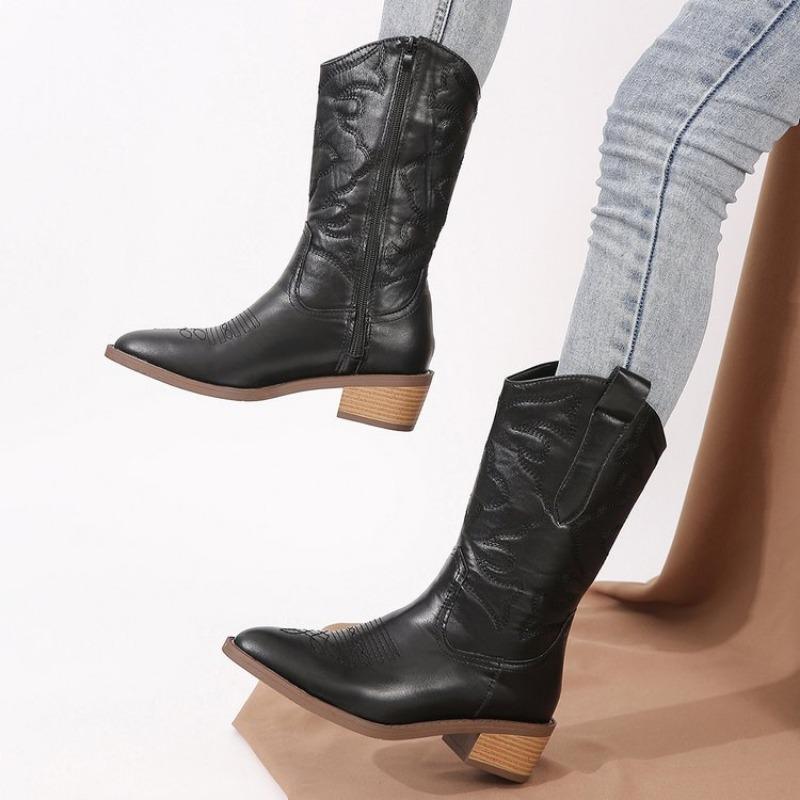 Fashion Women's Thick Heel Cotton Boots Winter New Point Side Zipper Embroidery Anti-slip and Wear-resistant High Boots