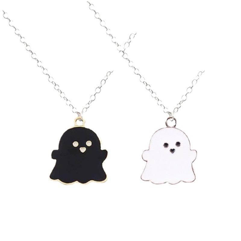 Cartoon Black And White Ghost Ghost Necklace Pendant Male Hip Hop Personality Female Couple Accessories Sweater Chain Halloween Gift
