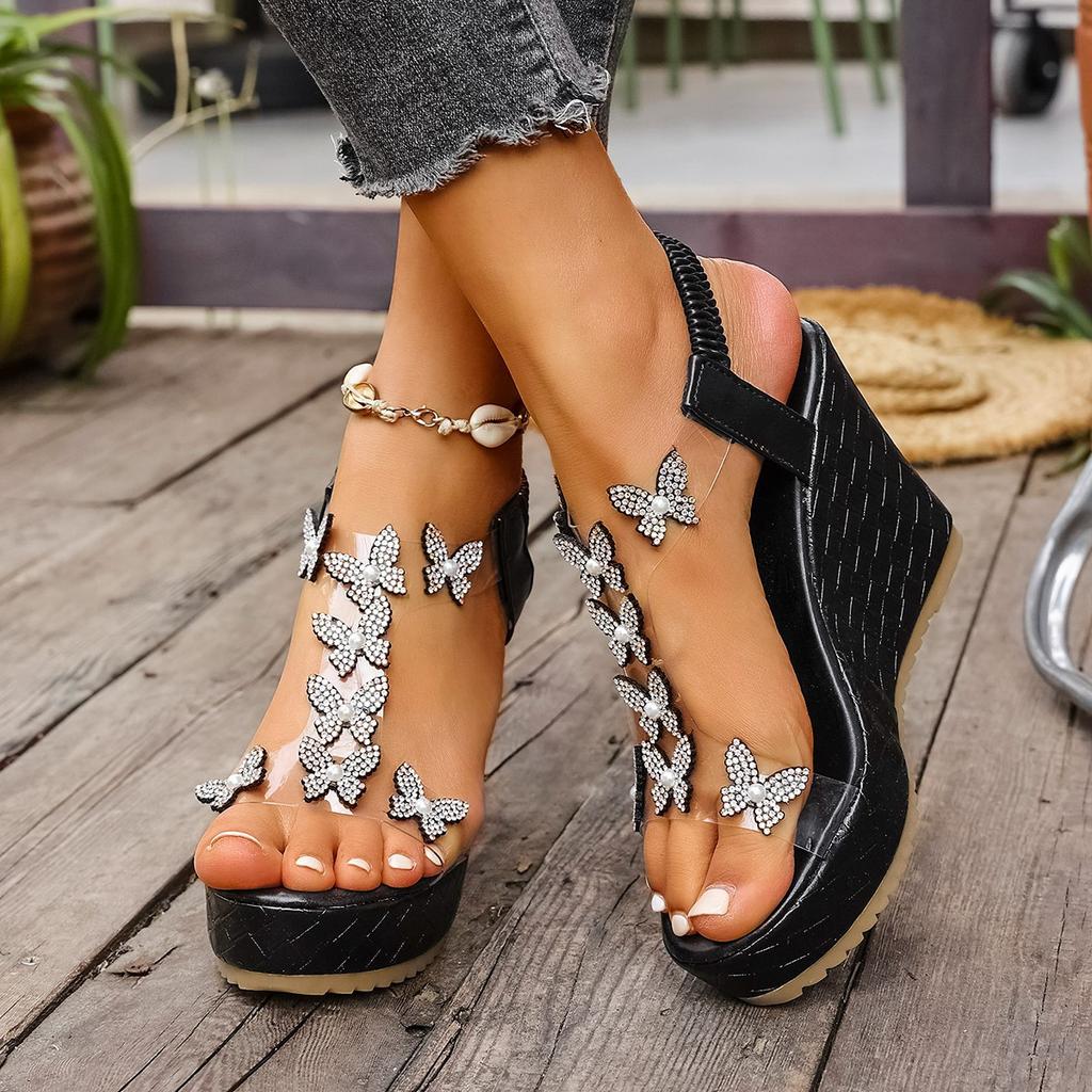 Fashion Rhinestone Butterfly Slope Heel Open-toed Sandals Women's 2025 Summer Muffin Platform Sandals