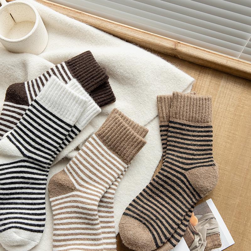 Terry Damen Colorblock Gestreifte Mid-Calf Socken - Winter Warm, Vielseitige Dicke Haussocken