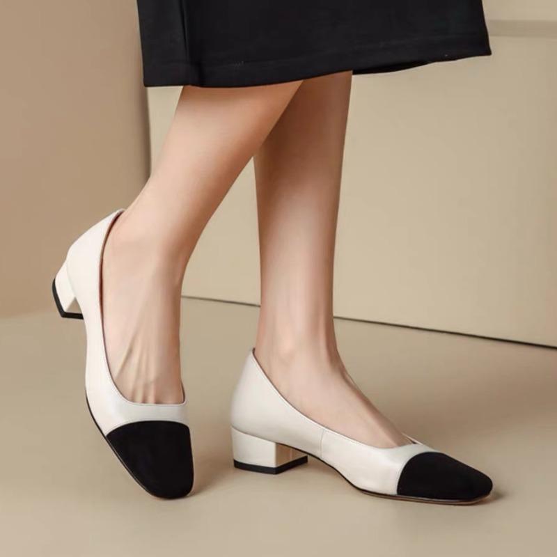 Plus Size 42 Women's High Heel Pumps Square Toe Boat Shoes Patchwork Mid Heels Dress Shoes Square Heels Slip on Basic Pump