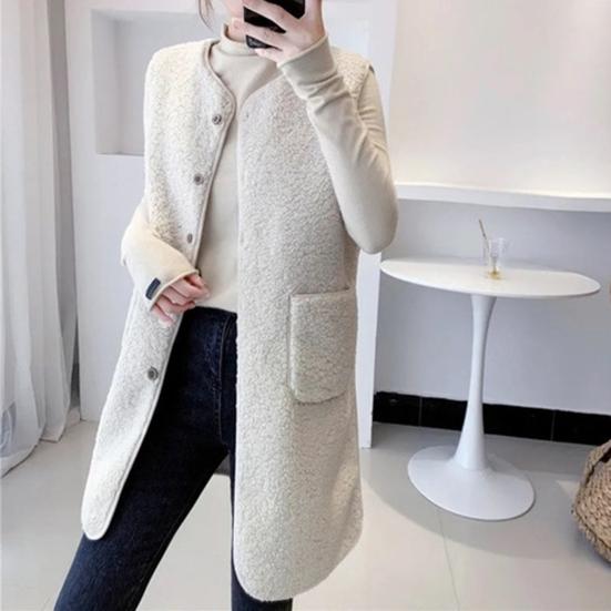 Women's  Autumn Winter Vest Coat Round Neck Loose Mid-length Sleeveless Single-breasted Pockets Cardigan Warm Thick Outerwear Vest