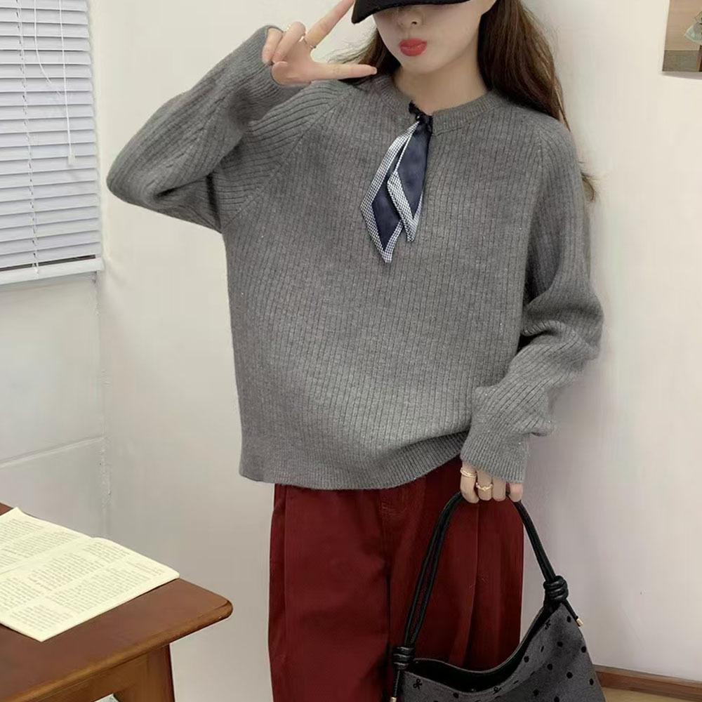 Autumn and winter design pullover sweater women's ribbon bow tie crew neck gentle fashion versatile knitted sweater women