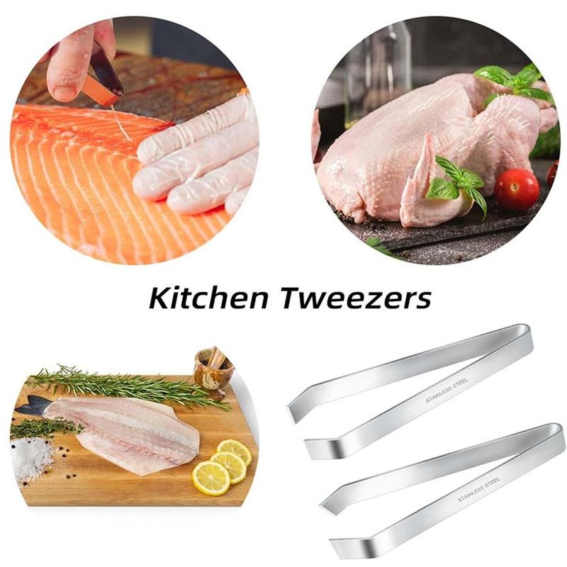 1/2 st 430 Rostfritt Stål Fiskbenspincett Klämma Platt och Vinklad Tång Kött Hårborttagningsverktyg för att Ta Bort Laxben