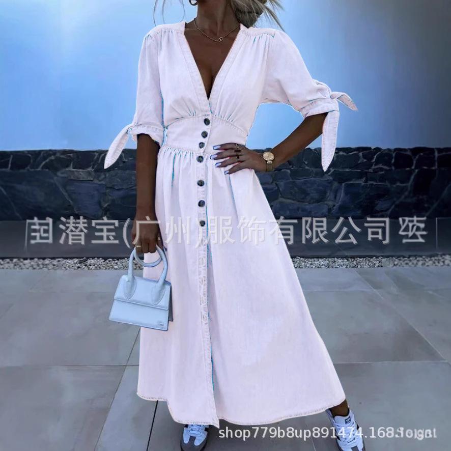 New European and American women's clothing summer spot collar cardigan pure cotton solid color waist dress
