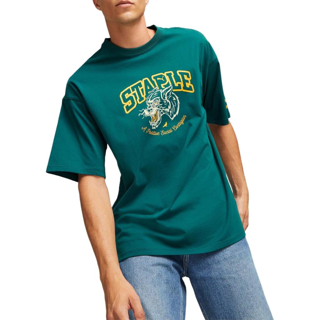 Puma X Staple SS23 Logo Print Rundhals T-Shirt Herren Oberteile Weihnachts-Grün 622201-43