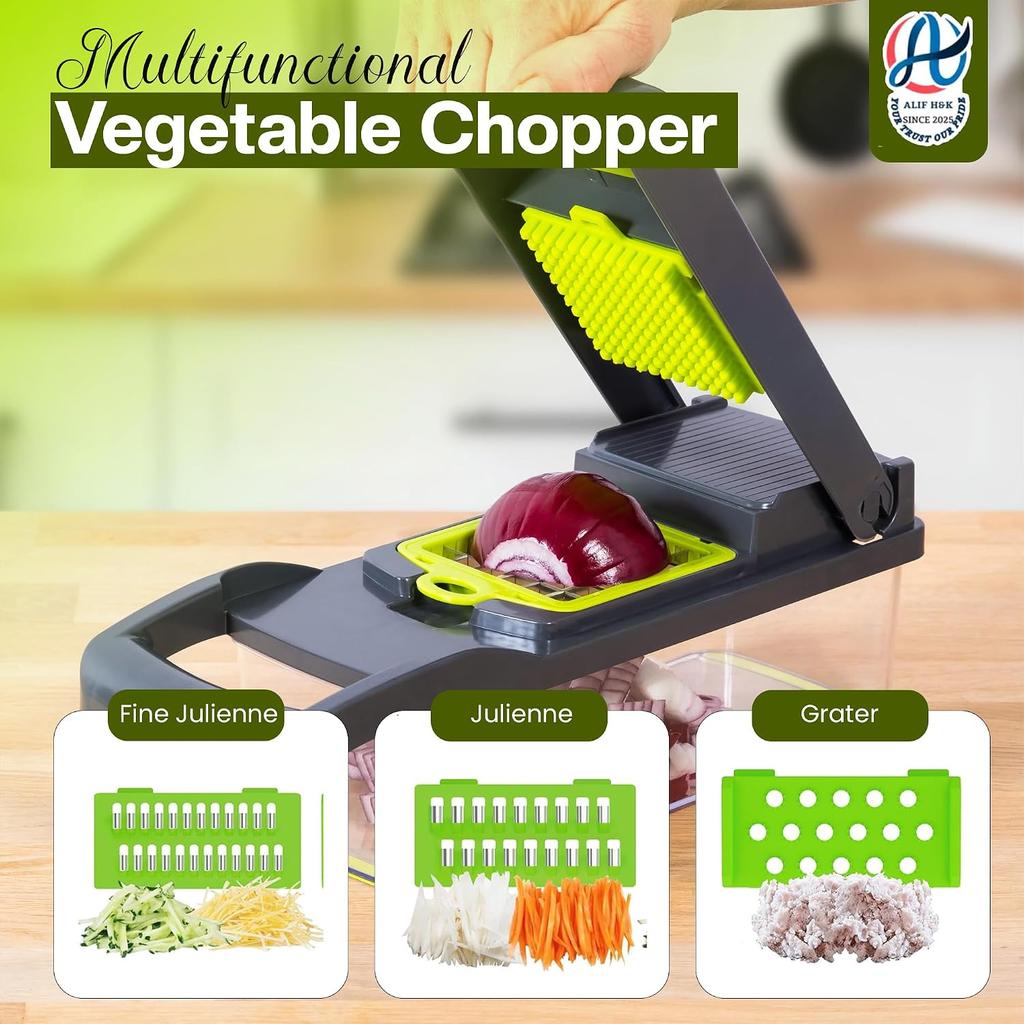 16-in-1 Chopper and Slicer—Vegetable Dicer, Mandoline Slicer, Spiralizer, Equipped with 8 Stainless Steel Blades, Includes Food Storage Container Less