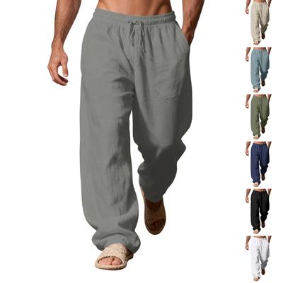 Herren Casual Locker Sitzende Jogginghose, Gerade Weit Bein Hose, Kordelzug Baumwolle Leinen Freizeit Hose.