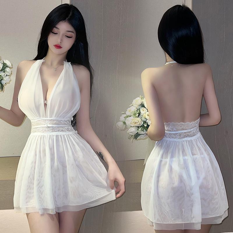 Fan Lei Sexy Deep V Backless Mesh Nightgown Loungewear