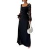 Women's Elegant Square Neck Bubble Long Sleeve Mesh Insert Jacquard Maxi Dress 3D Slimming A-Line Swing Long Dress