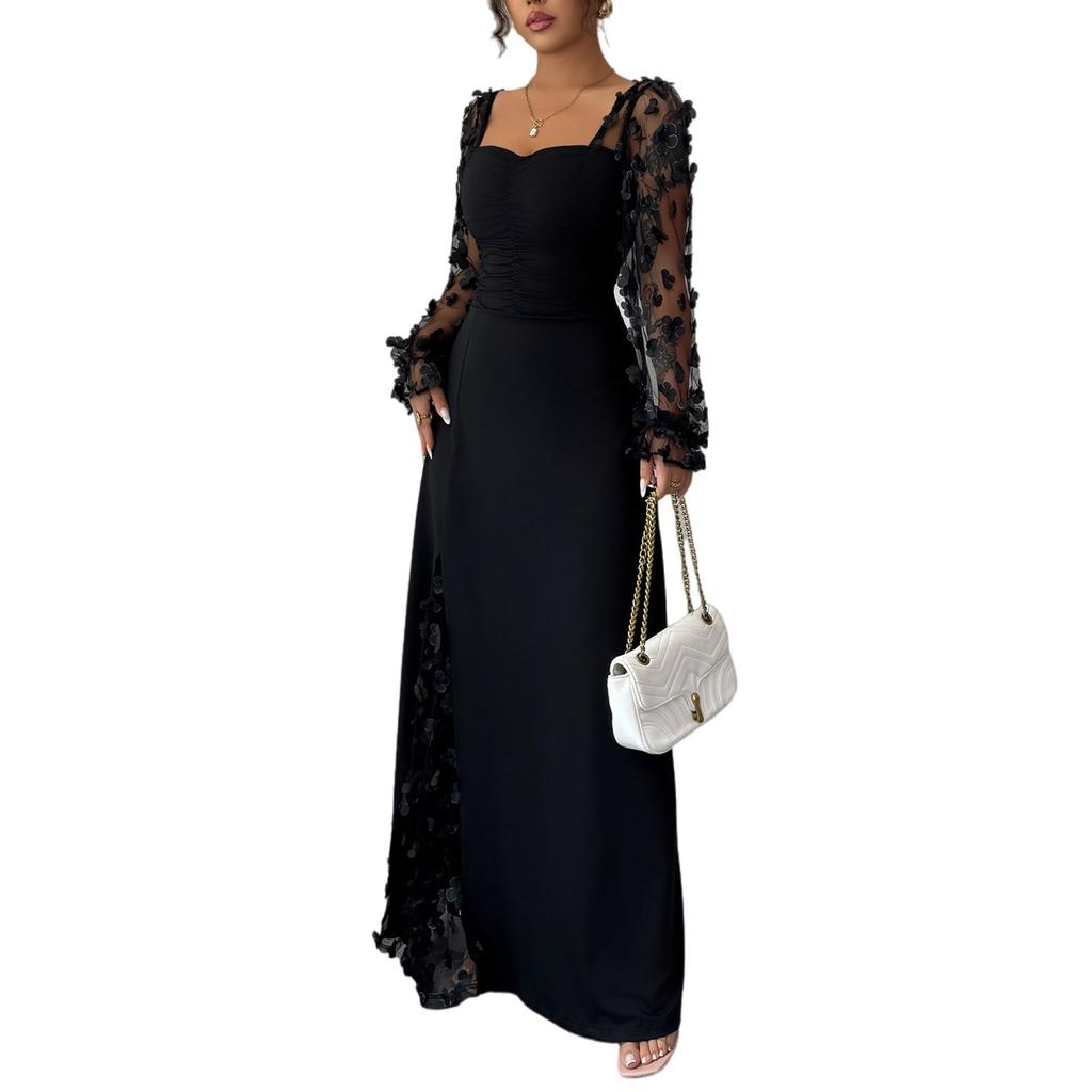 Women's Elegant Square Neck Bubble Long Sleeve Mesh Insert Jacquard Maxi Dress 3D Slimming A-Line Swing Long Dress