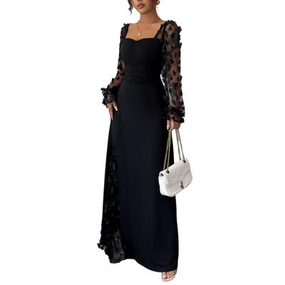 Abito Maxi Elegante da Donna con Scollo Quadrato, Maniche Lunghe a Bolla, Inserti in Rete Jacquard, Aderente 3D, Linea ad A, Svasato, Lungo
