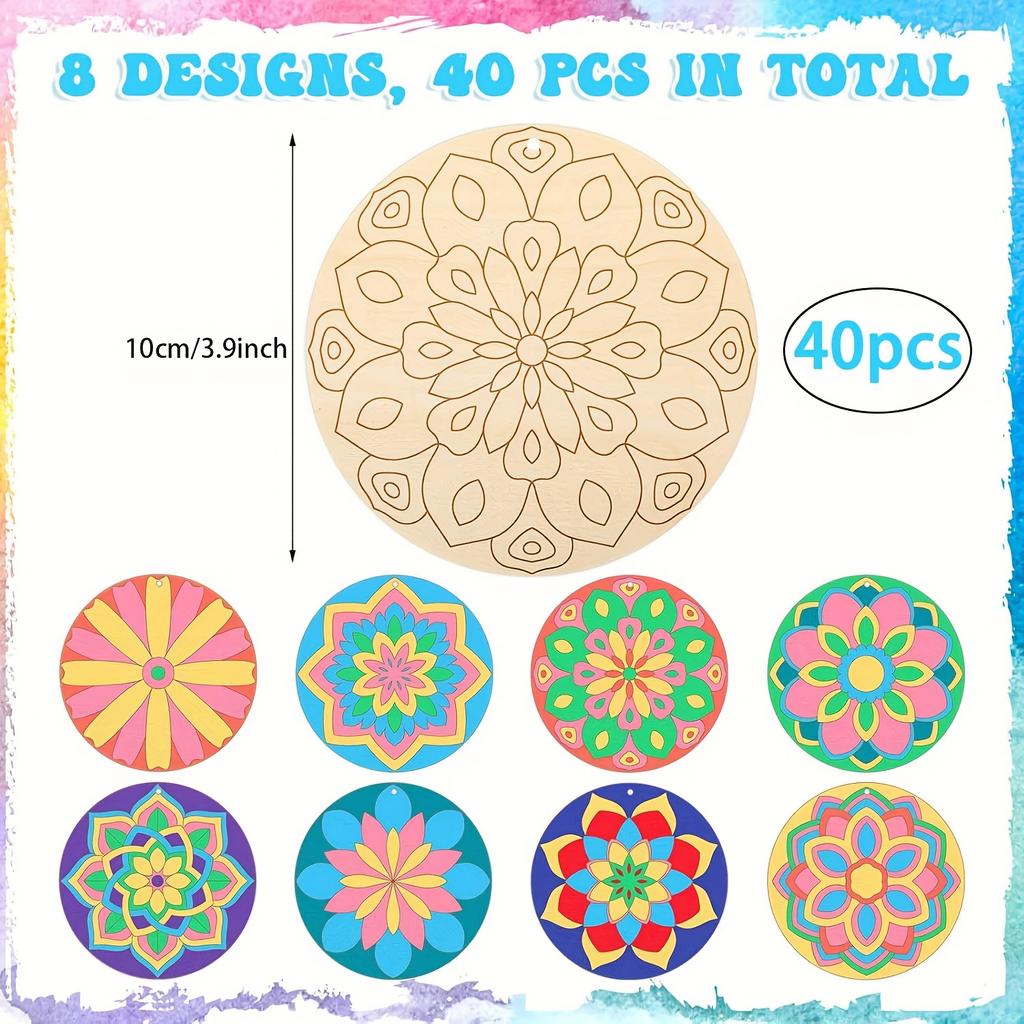 Wooden Mandala Painting Slices 40pcs, Crafts Ornament for Wedding & Home Decor