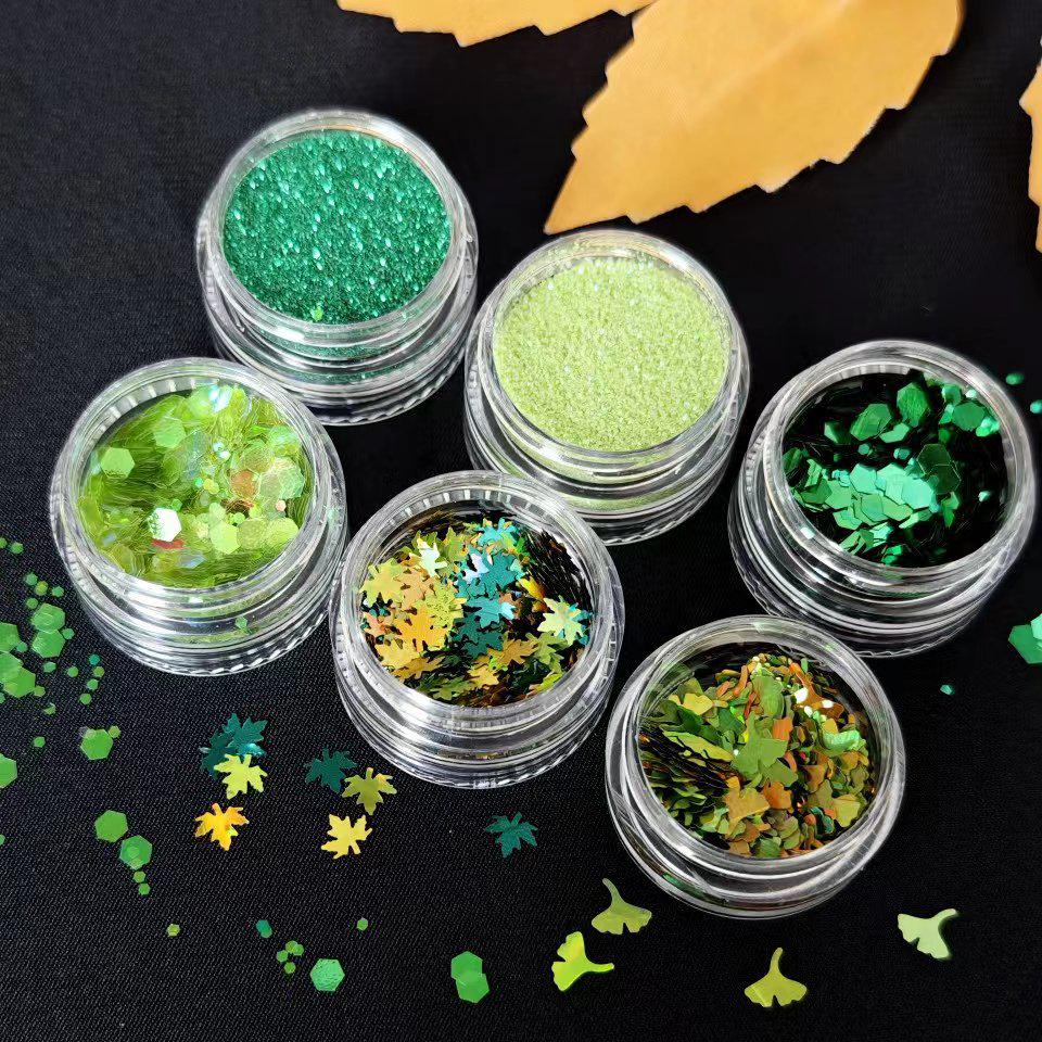 6dílná podzimní a zimní sada třpytivého nail artu s javorovými listy