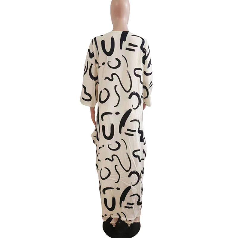 Women's Loose Large Size Three-quarter Sleeve V-neck Button Printed Robe Drawstring Trousers Two-piece Set
