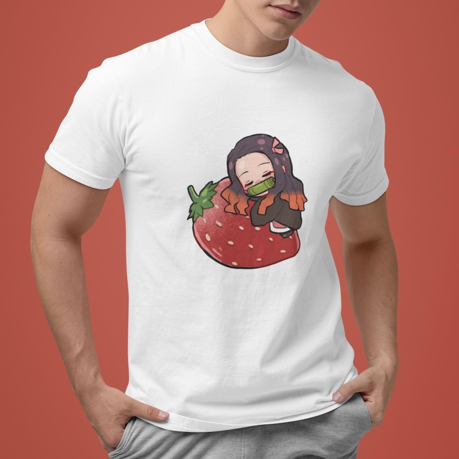 Nezuko Kamado Strawberry T-Shirt Cute Demon Slayer Anime Unisex Casual Top L