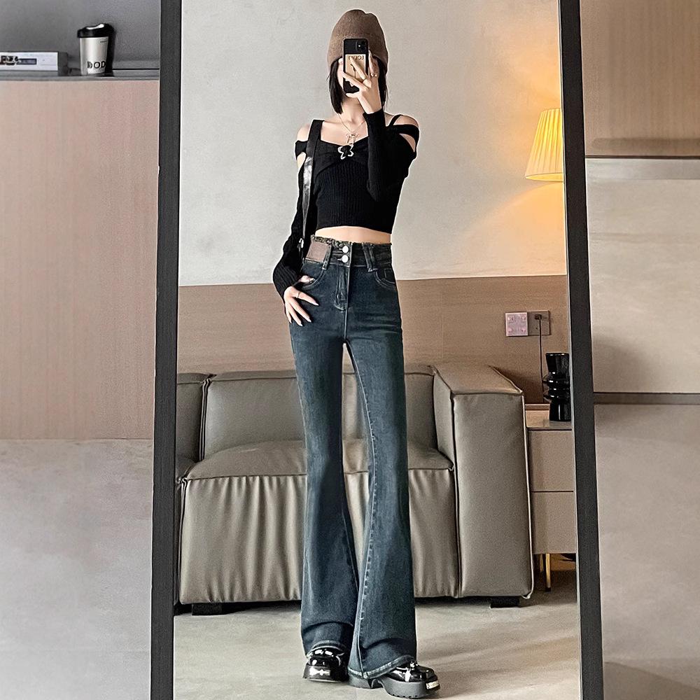 Women's High Waist Fleece-Lined Grey Flare Jeans - Autumn/Winter Slimming Design