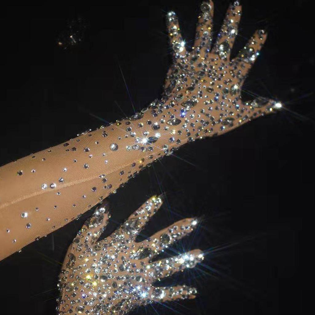 1 paio di guanti da sposa in maglia con strass di lusso, guanti lunghi da donna per ballerine e cantanti