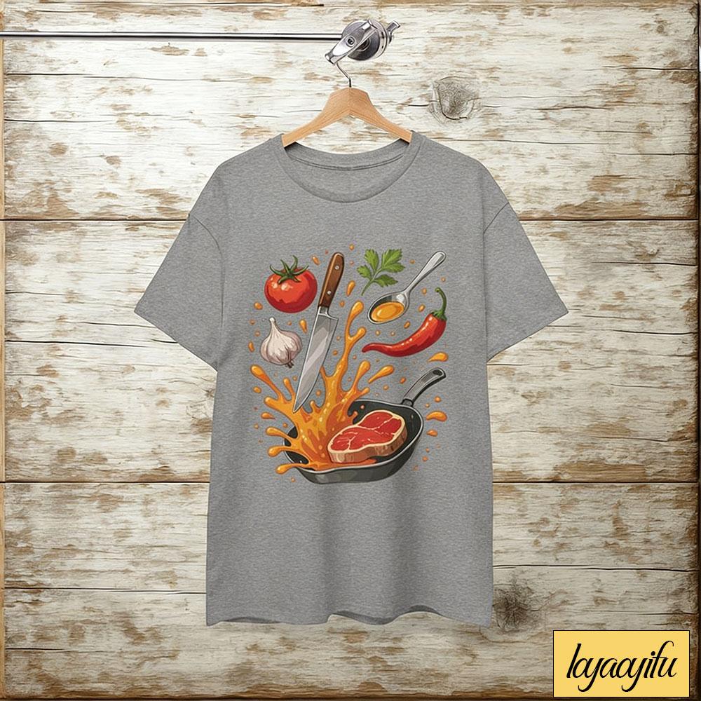 

Steak Sizzle TShirt Bold Cooking Graphic Tee Frying Pan Splash with Knife Steak Veggies Fun Foodie Gift for Chefs 4XL