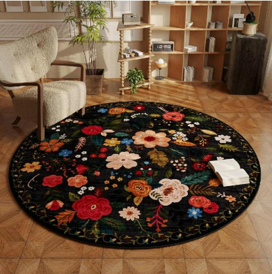 Persian Floral Ethnic Style Round Faux Cashmere Carpet for Living Room, Dirt and Wear Resistant Floor Mat