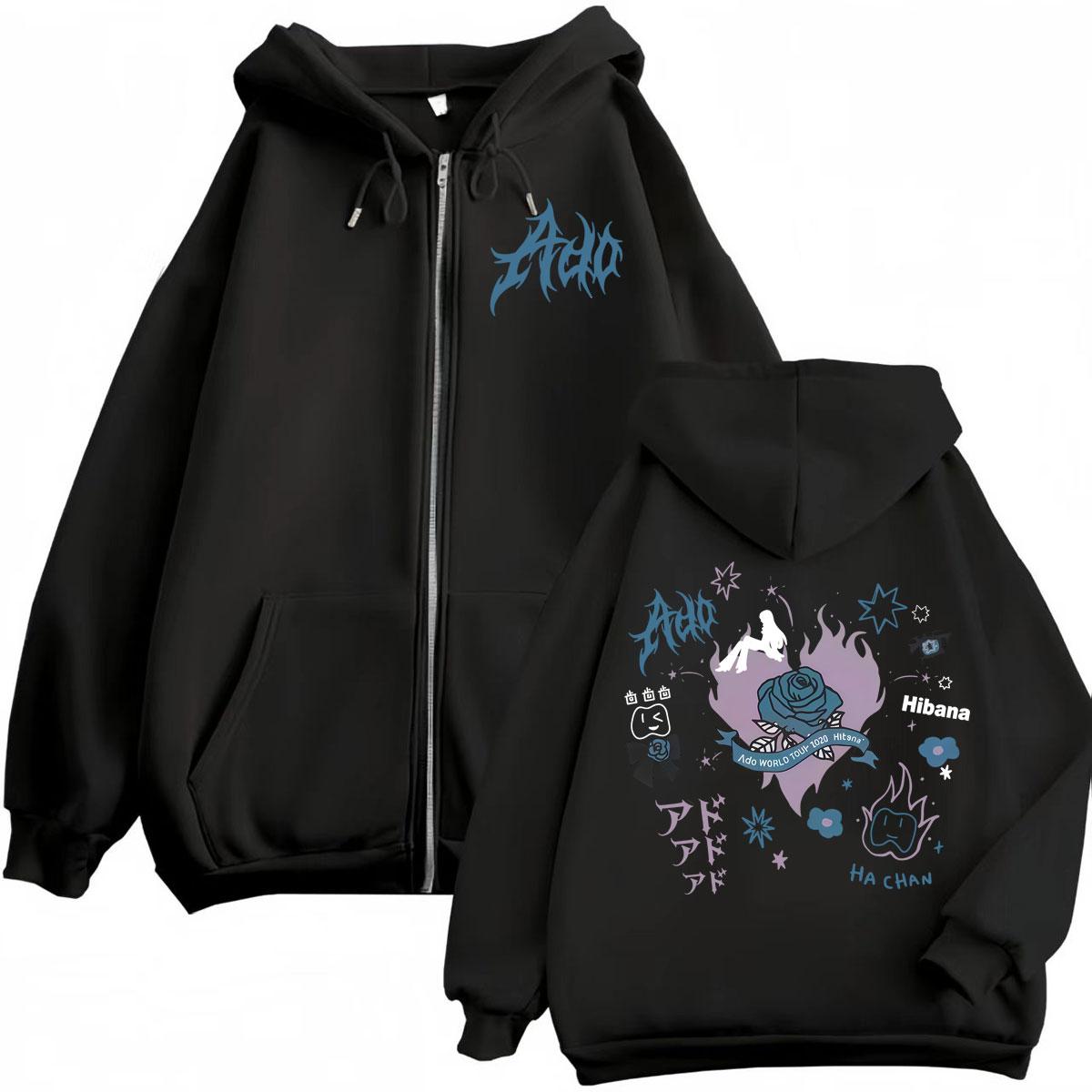 Sängerin Ado Hibana Welttournee Kapuzenpullover mit Reißverschluss im Harajuku-Stil, japanischer Stil, Sweatshirts mit Reißverschluss für Damen und Herren, lässige Modepullover S schwarz