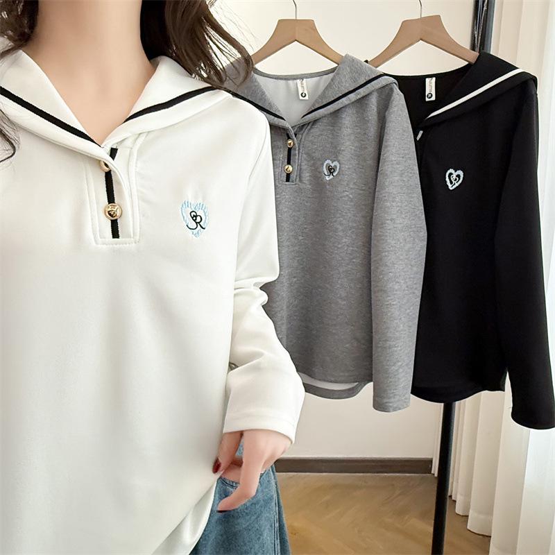 2026 Spring Plus Size Women's Sailor Collar Embroidered Hoodie - Long Sleeve, Casual Fashion for Chubby Girls