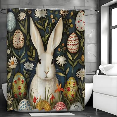 Easter Cute Bunny Shower Curtain, Cute Green Floral Egg Spring Bathroom Decorative Shower Curtain, Waterproof Shower Curtain Wit