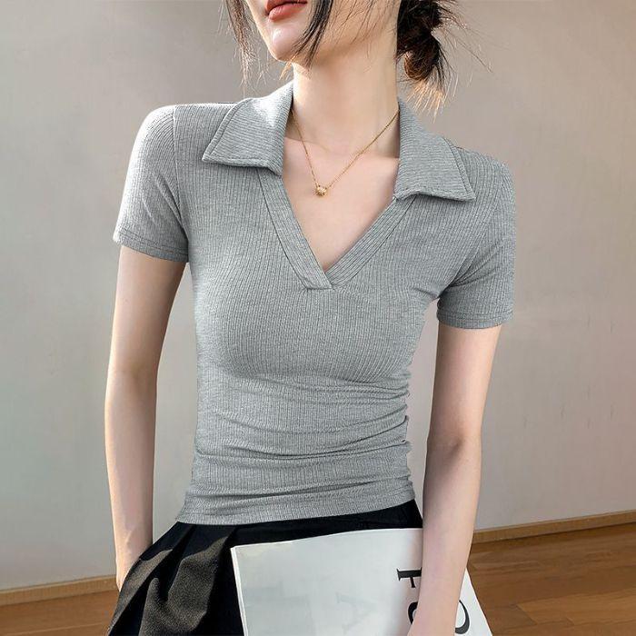Women's Short-sleeve T-shirt Summer Simple Solid Color Slim-fit Polo Collar T-shirt Short Stretch Polo Shirt