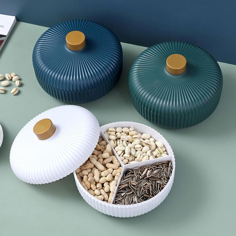 Snack Serving Tray with Lid Fruit Serving Container Compartment Round Appetizer Tray Divided Plastics Food Storage Plate