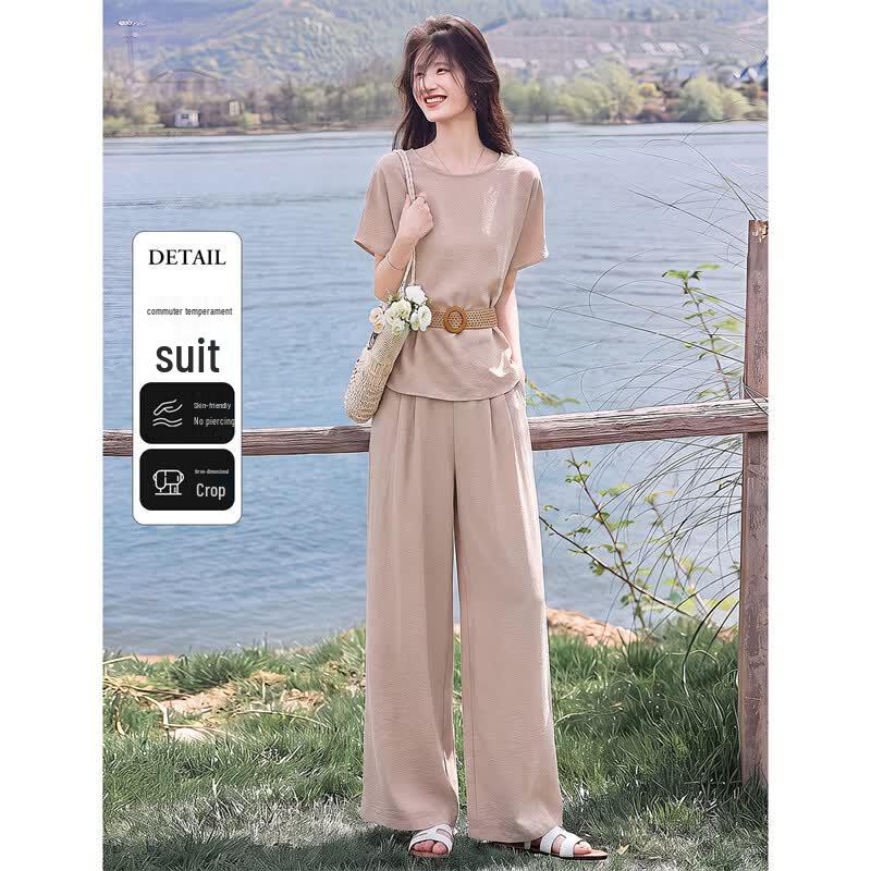 Gentle Style Round Neck Short Sleeve Top & Wide Leg Pants Set